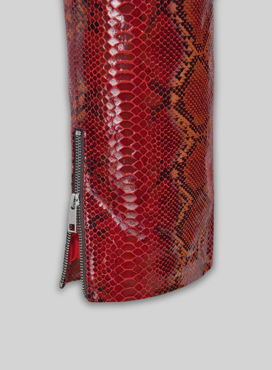 Bold Red Python Electric Zipper Mono Leather Pants - Image 3