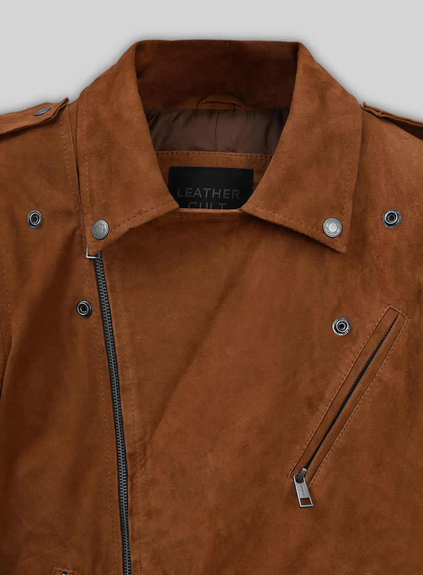Caramel Brown Suede Pure Leather Biker Jacket #2 - Image 4