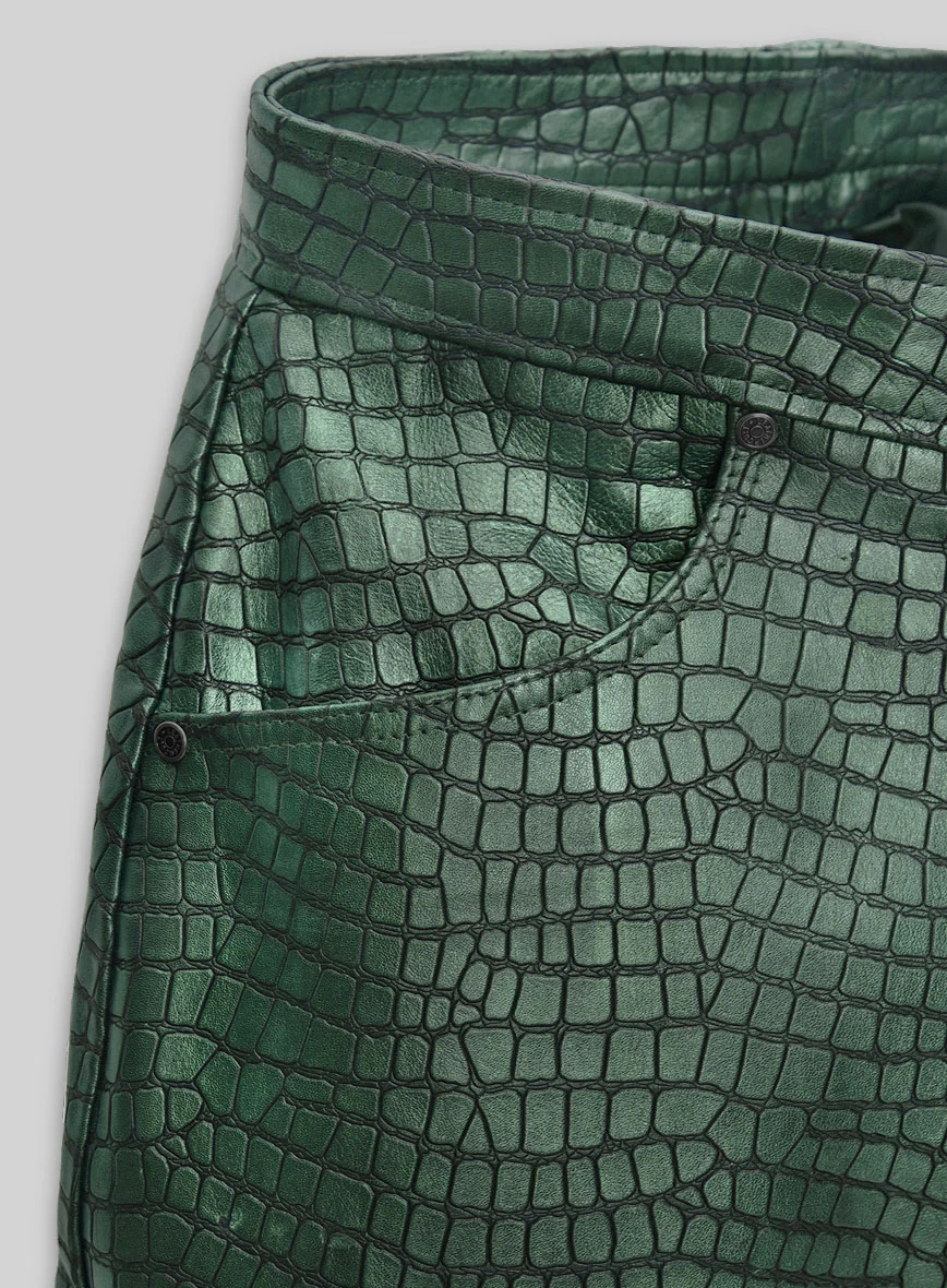 Croc Metallic Green Tiered Fringes Leather Pants - Image 3