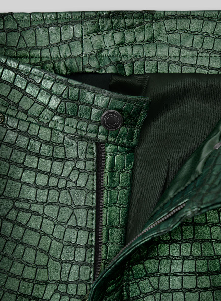 Croc Metallic Green Tiered Fringes Leather Pants - Image 4