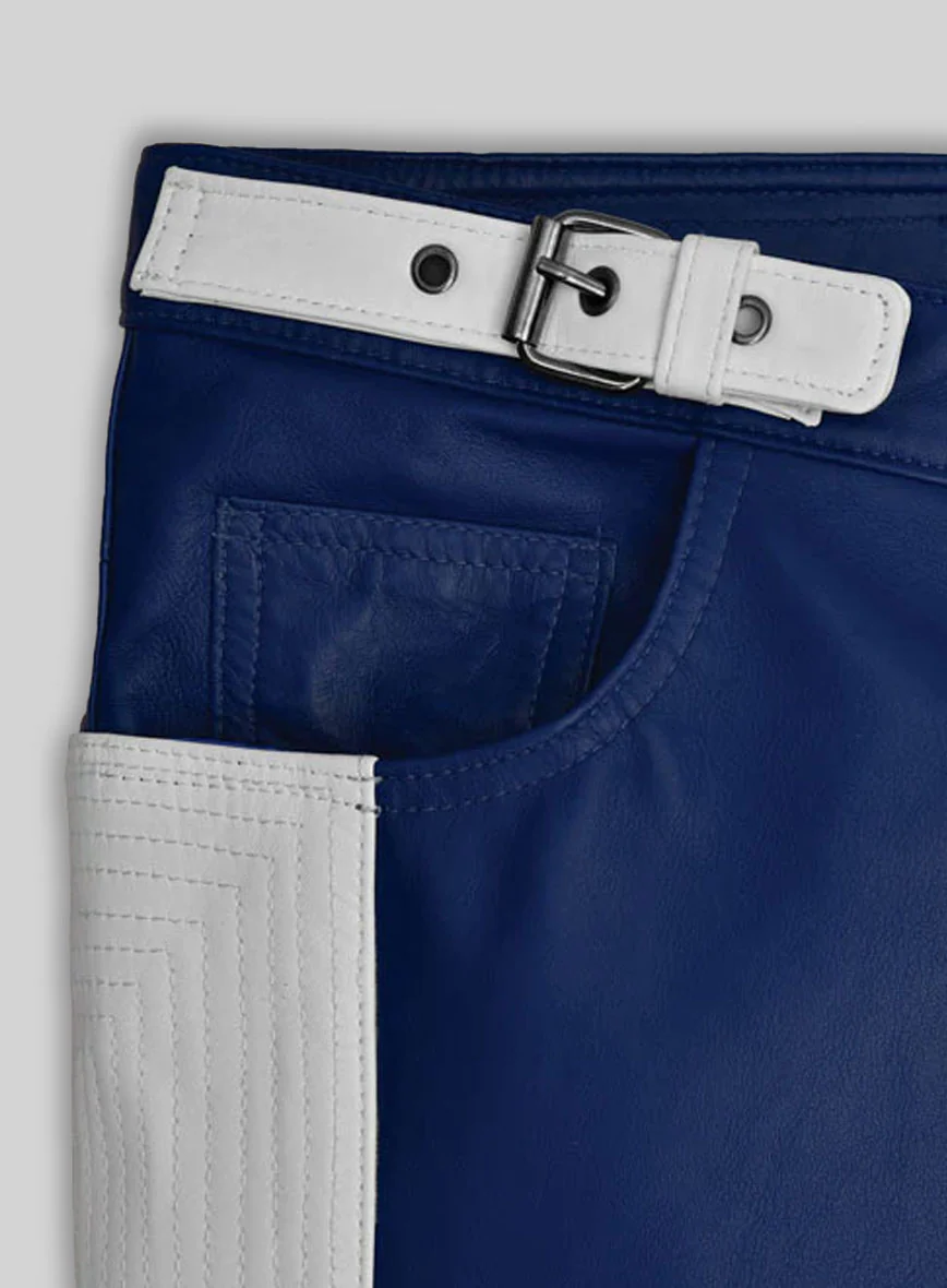 Rich Blue Electric Zipper Combination Leather Pants - Image 5