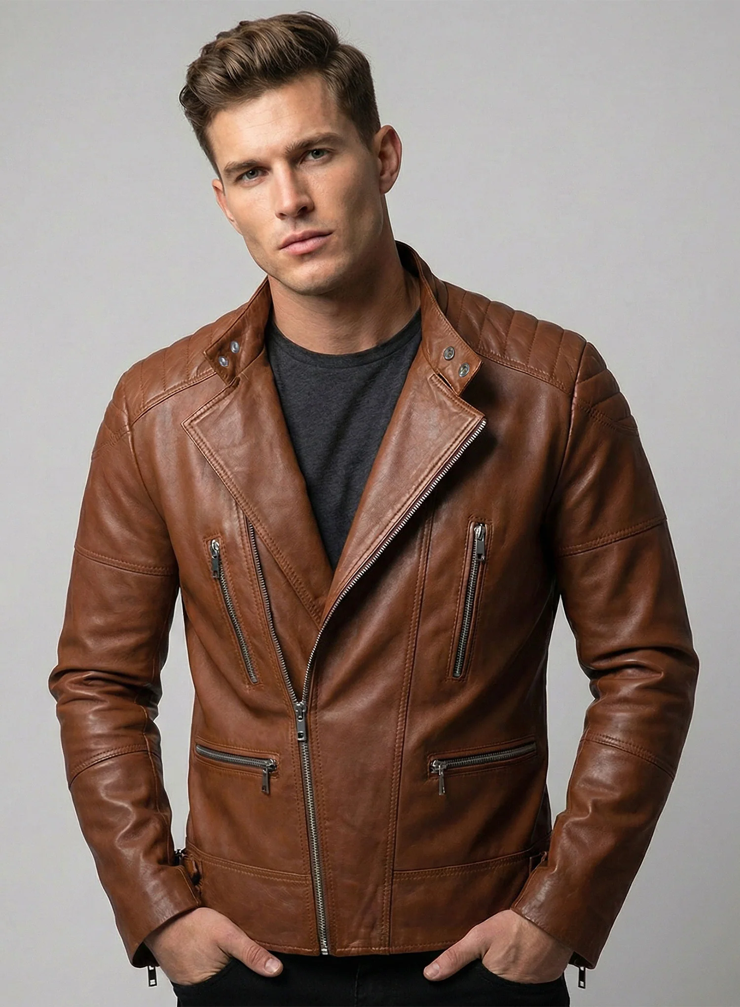 Shotgun Tan Moto Leather Jacket - Image 6