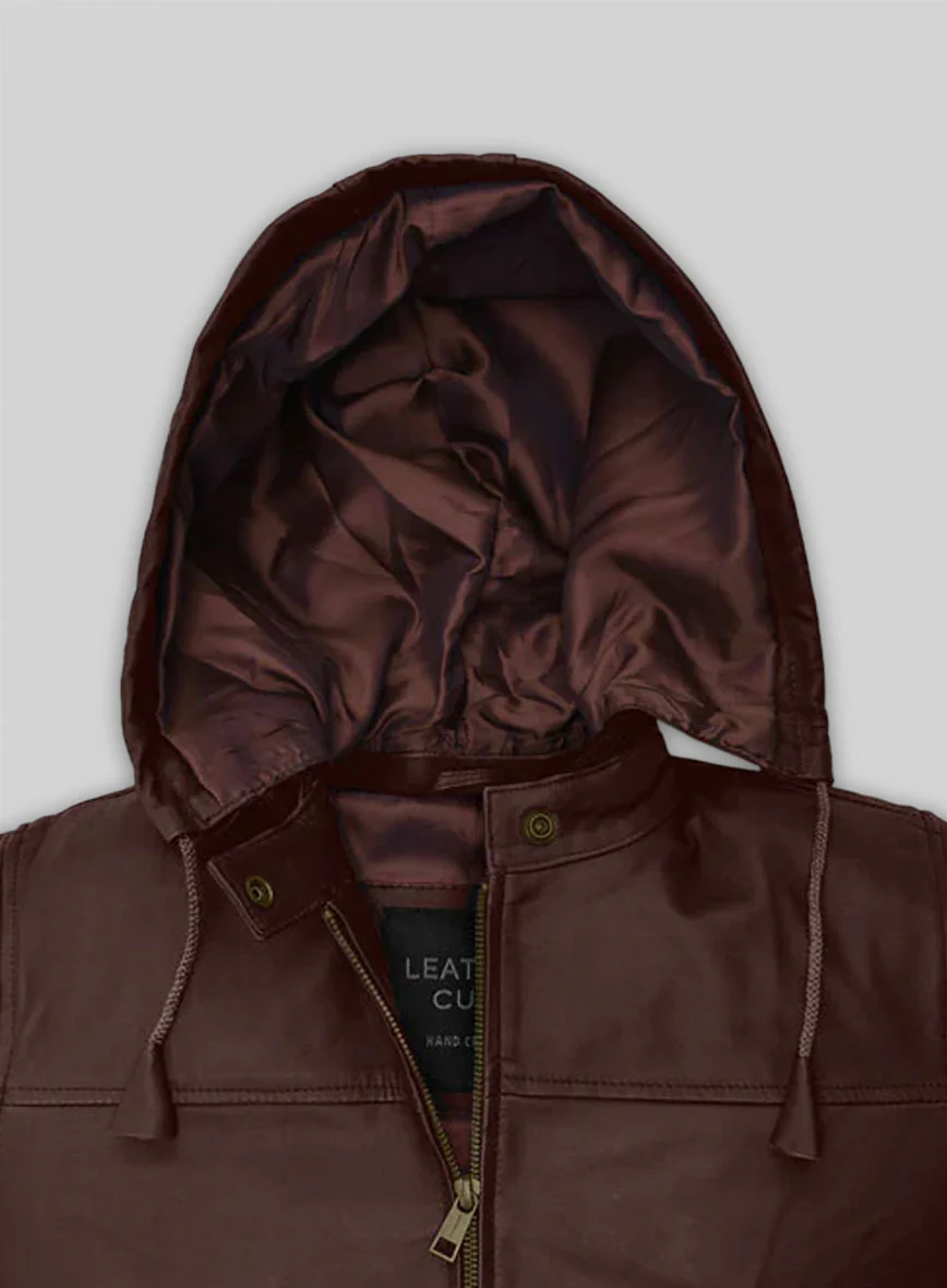 Soft Maroon Symphony Detachable Hood Leather Jacket - Image 3