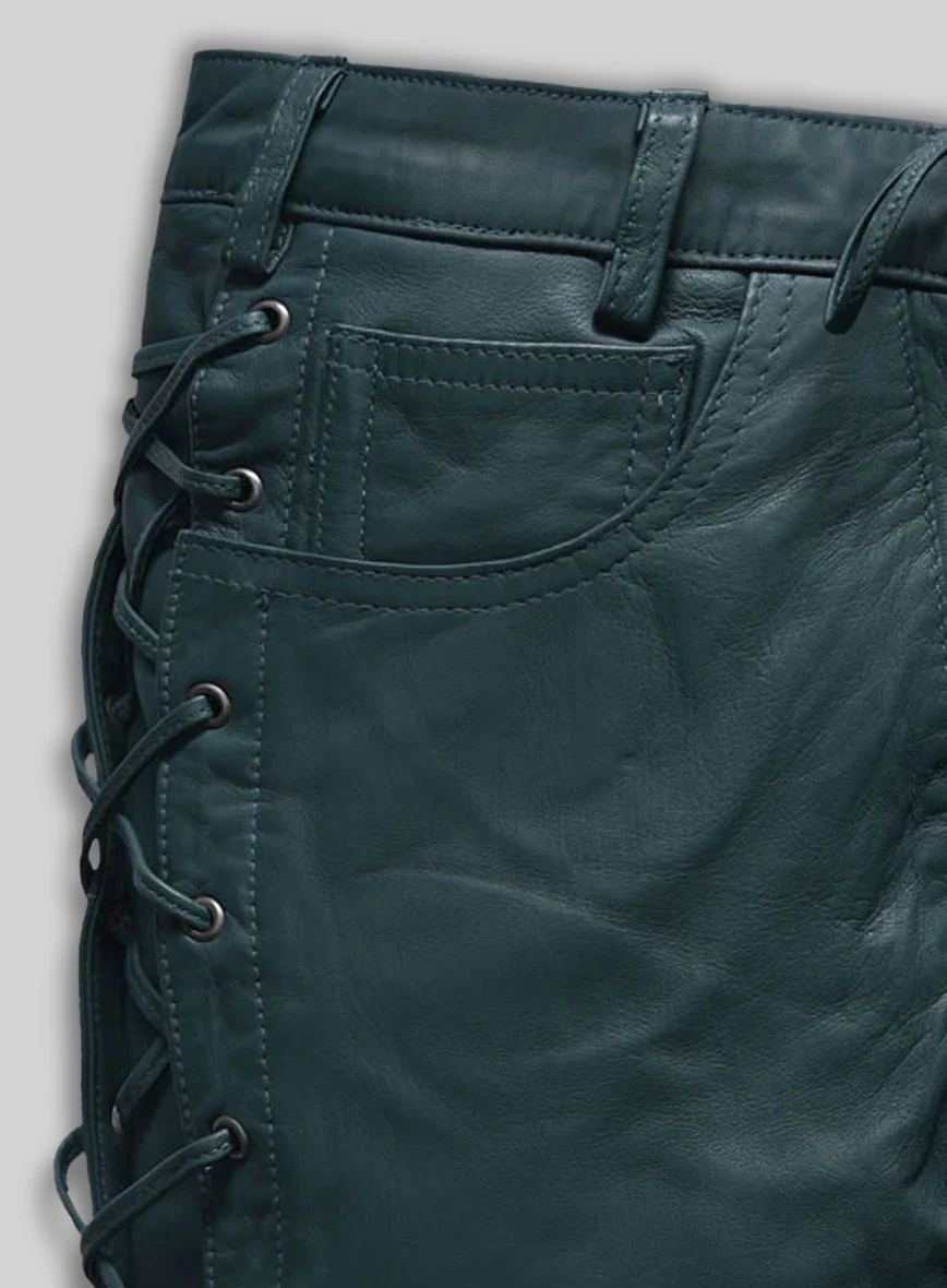 Soft Prussian Blue Washed & Wax Leather Pants #515 - Image 3