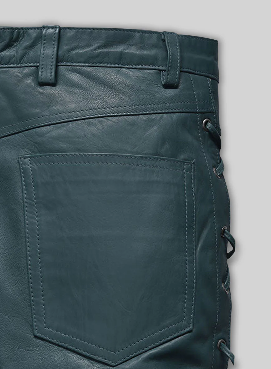 Soft Prussian Blue Washed & Wax Leather Pants #515 - Image 4