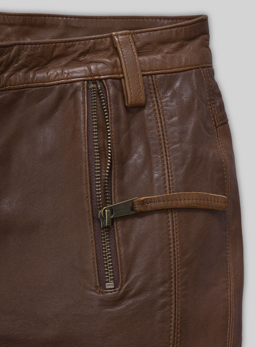 Spanish Brown Washed and Wax Leather Biker Jeans - Style #502 - Image 3