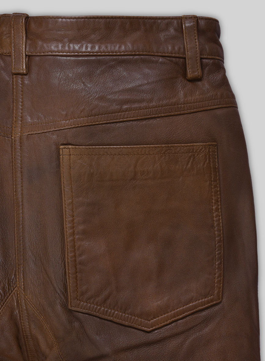 Spanish Brown Washed and Wax Leather Biker Jeans - Style #502 - Image 4