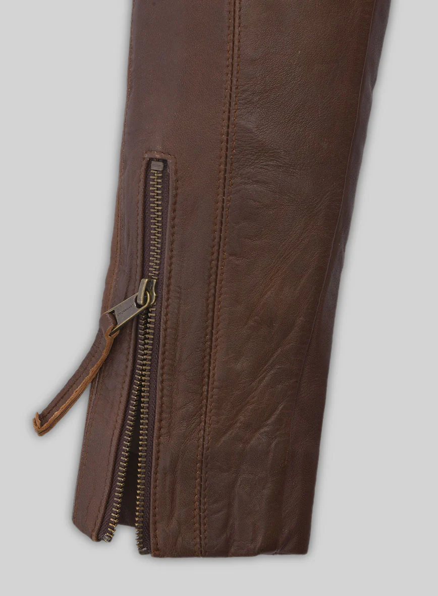 Spanish Brown Washed and Wax Leather Biker Jeans - Style #502 - Image 5